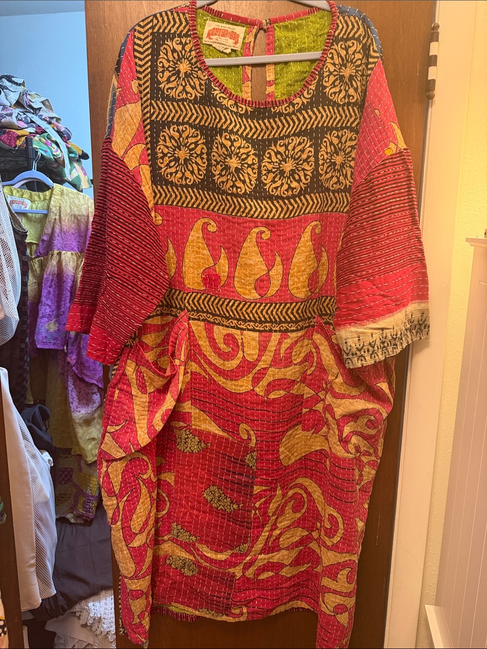 Kantha Bae Bohemian Patchwork Midi Dress in Red and Gold